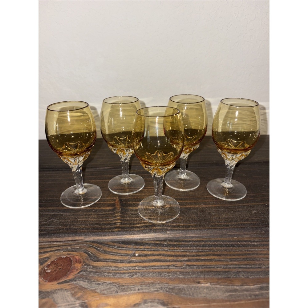 Vintage Italian Amber Blown Glass Twisted Stemmed Cordial Glasses Set Of 5